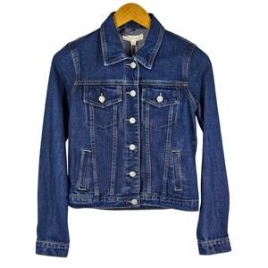 BRIT.NY WOMEN'S BLUE JEAN JACKET W/ SEWN ART CHAIN DESIGN PATCH ON BACK SIZE XS